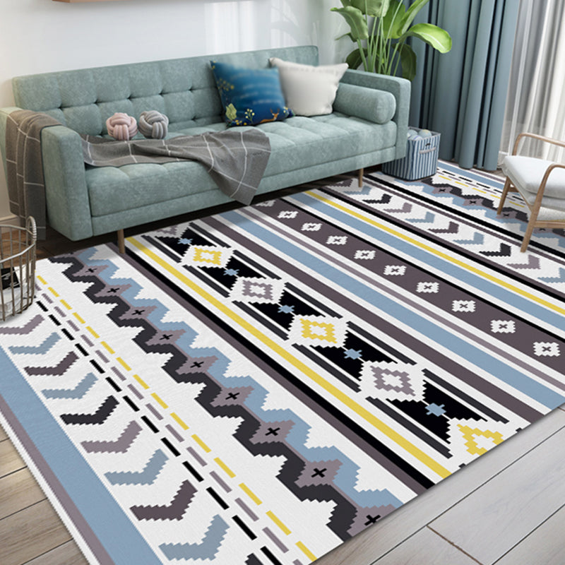 White Tone Living Room Carpet Retro Tribal Pattern Area Rug Polyester with Non-Slip Backing Rug