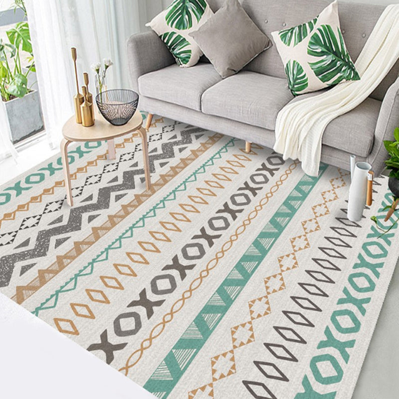 White Tone Living Room Carpet Retro Tribal Pattern Area Rug Polyester with Non-Slip Backing Rug