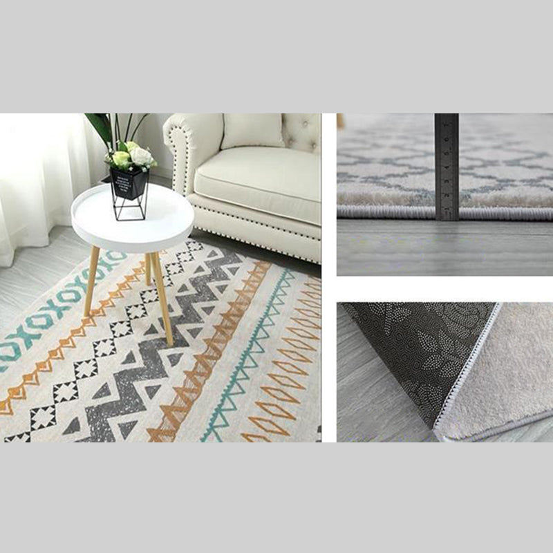 White Tone Living Room Carpet Retro Tribal Pattern Area Rug Polyester with Non-Slip Backing Rug