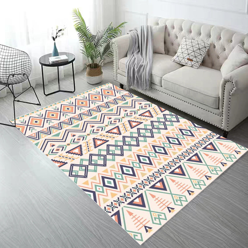 White Tone Living Room Carpet Boho Normatic Tribe Area Rug Polyester with Non-Slip Backing Rug