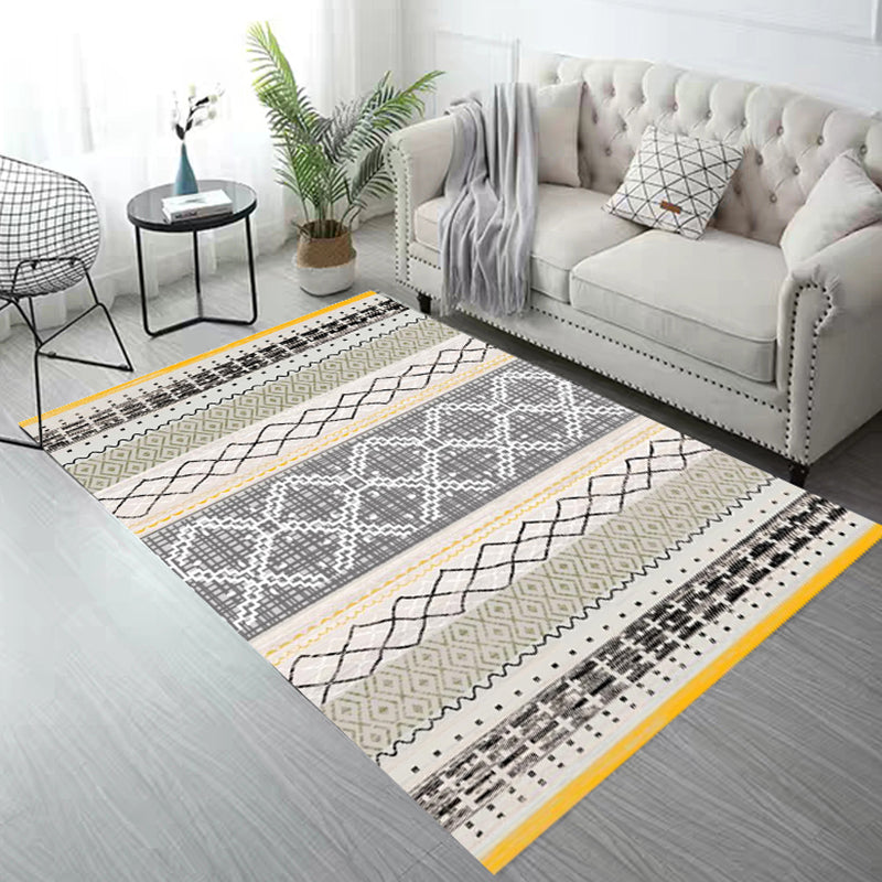 White Tone Living Room Carpet Boho Normatic Tribe Area Rug Polyester with Non-Slip Backing Rug