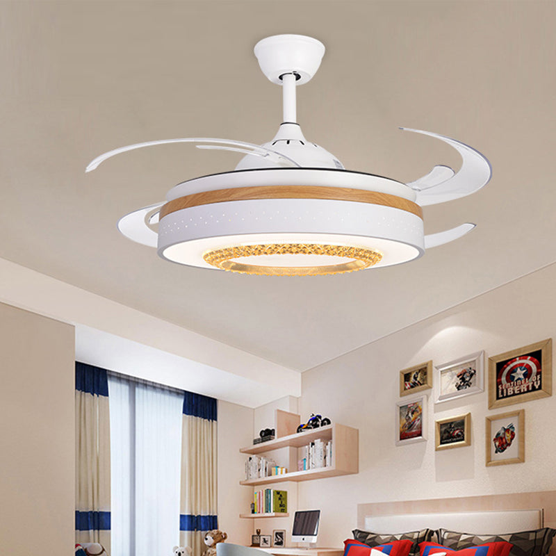 Nordic Drum Flush Lamp with Fan Amber Crystal White LED Living Room Semi Mount Lighting with Wood Element