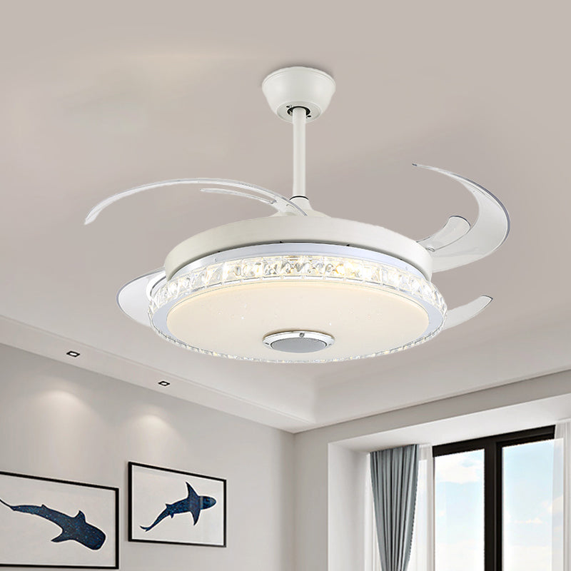 Minimalist Round LED Ceiling Fan Prismatic Crystal White Semi Flush Light for Bedroom