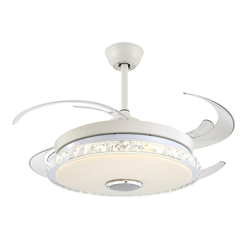 Minimalist Round LED Ceiling Fan Prismatic Crystal White Semi Flush Light for Bedroom