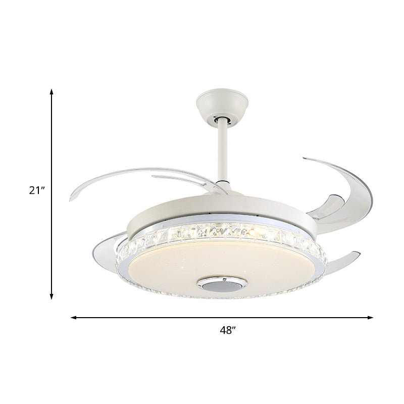 Minimalist Round LED Ceiling Fan Prismatic Crystal White Semi Flush Light for Bedroom