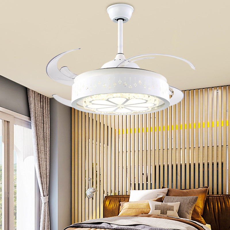 Faceted Crystal Flower Ceiling Fan Light Modern Style White Carved LED Semi Flush Lamp