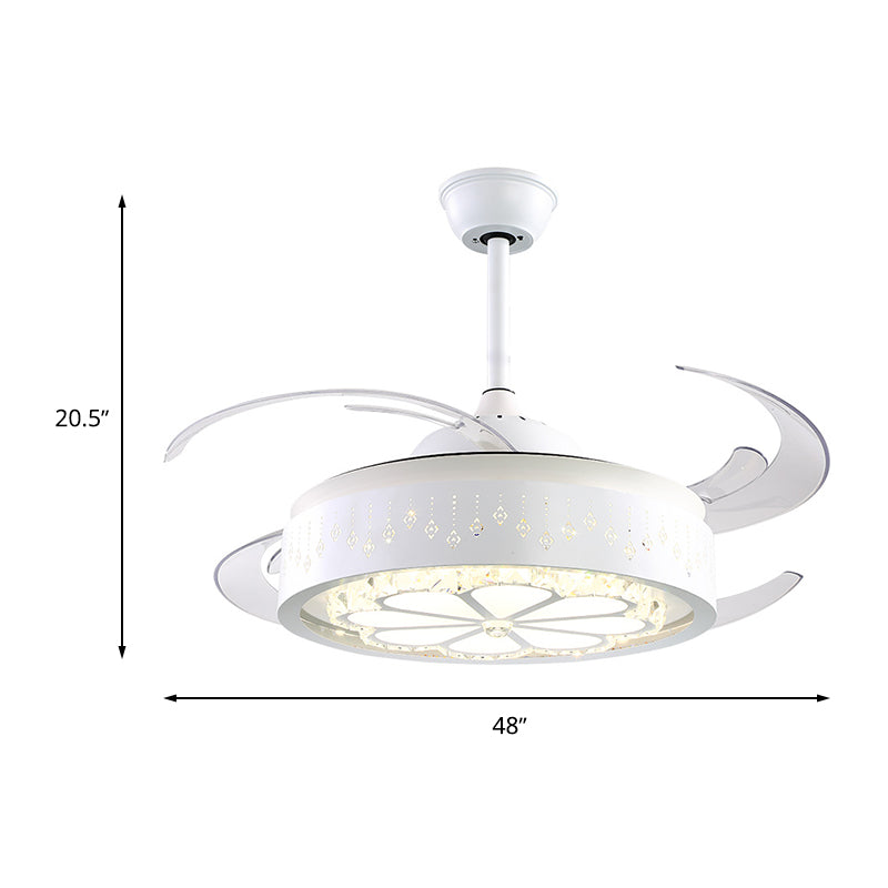 Faceted Crystal Flower Ceiling Fan Light Modern Style White Carved LED Semi Flush Lamp