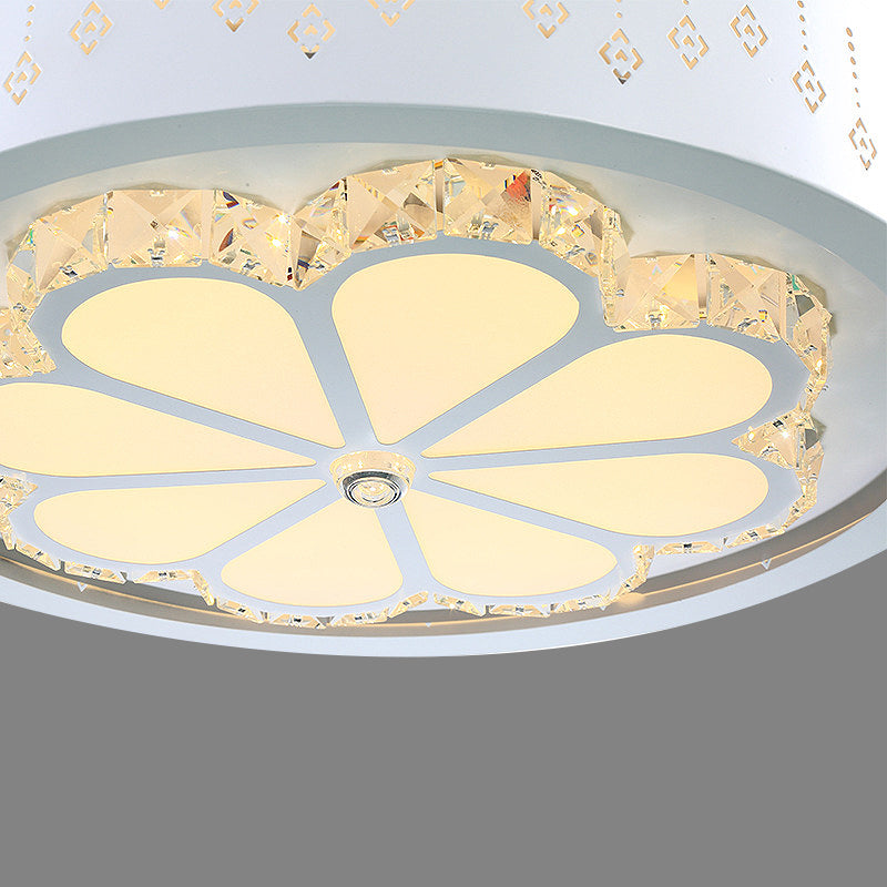 Faceted Crystal Flower Ceiling Fan Light Modern Style White Carved LED Semi Flush Lamp