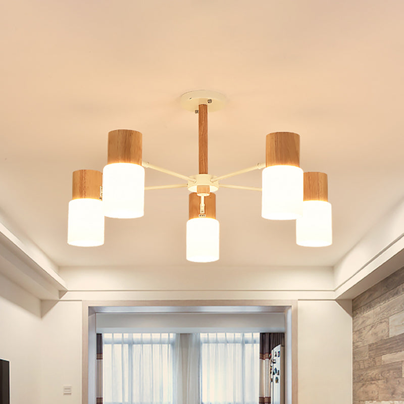 Tubular Semi Flush Light Chinese Wood 5/8 Bulbs Beige Close to Ceiling Lighting for Living Room