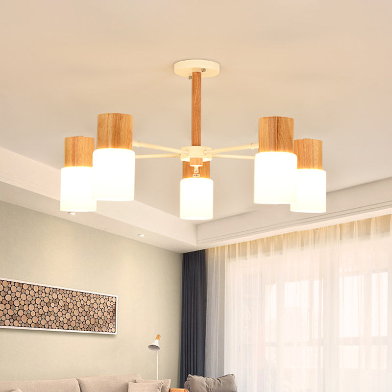 Tubular Semi Flush Light Chinese Wood 5/8 Bulbs Beige Close to Ceiling Lighting for Living Room