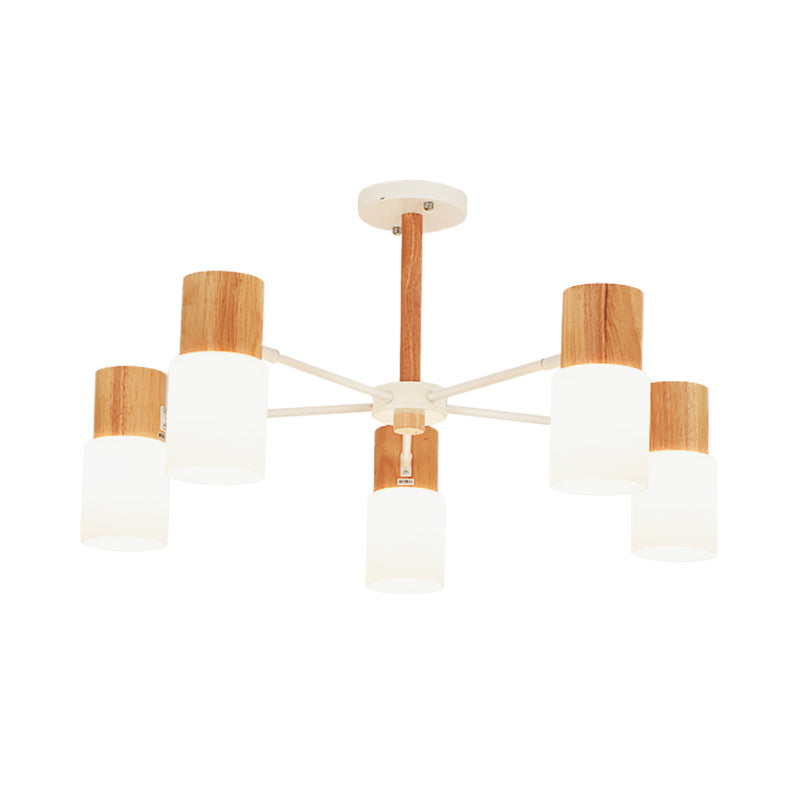 Tubular Semi Flush Light Chinese Wood 5/8 Bulbs Beige Close to Ceiling Lighting for Living Room