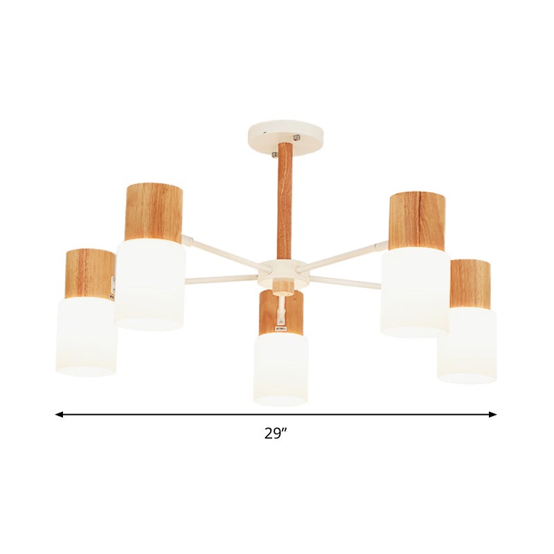 Tubular Semi Flush Light Chinese Wood 5/8 Bulbs Beige Close to Ceiling Lighting for Living Room