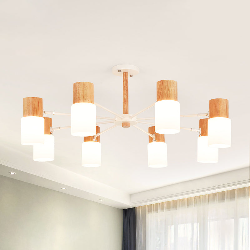 Tubular Semi Flush Light Chinese Wood 5/8 Bulbs Beige Close to Ceiling Lighting for Living Room