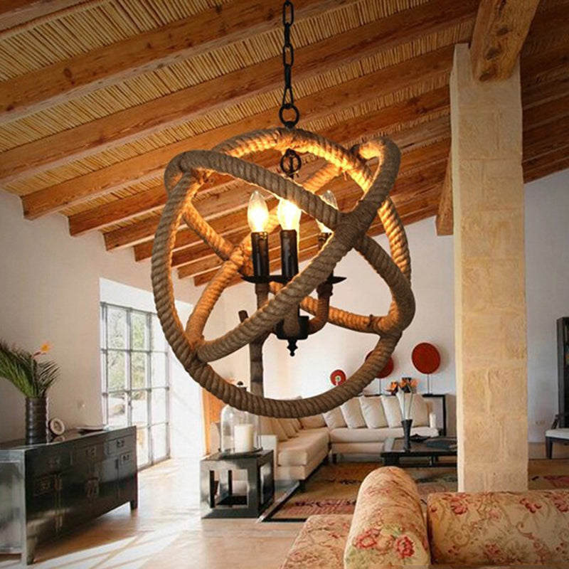 Rope Antique Cage Chandelier 3-Light Hanging Pendant Lights for Dining Room