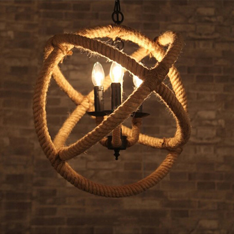 Rope Antique Cage Chandelier 3-Light Hanging Pendant Lights for Dining Room