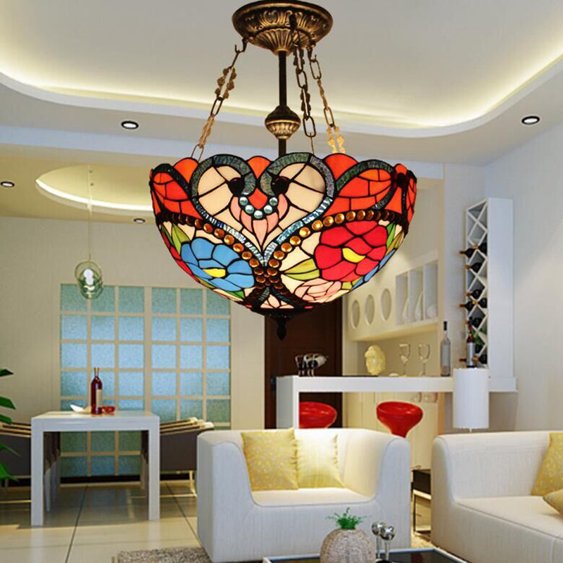 Multi-Color Hanging Ceiling Light Victorian Stained Glass Bowl Shaped Chandelier Lighting Fixture