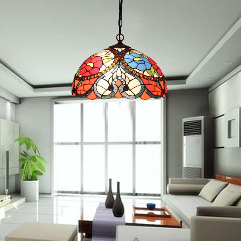 Multi-Color Hanging Ceiling Light Victorian Stained Glass Bowl Shaped Chandelier Lighting Fixture