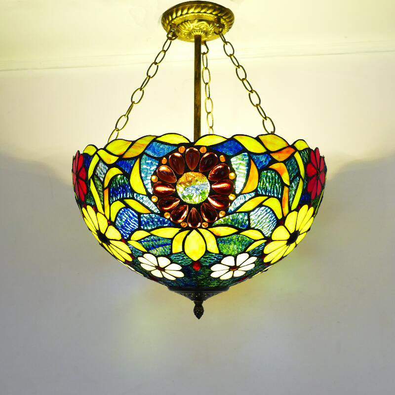 Multi-Color Hanging Ceiling Light Victorian Stained Glass Bowl Shaped Chandelier Lighting Fixture