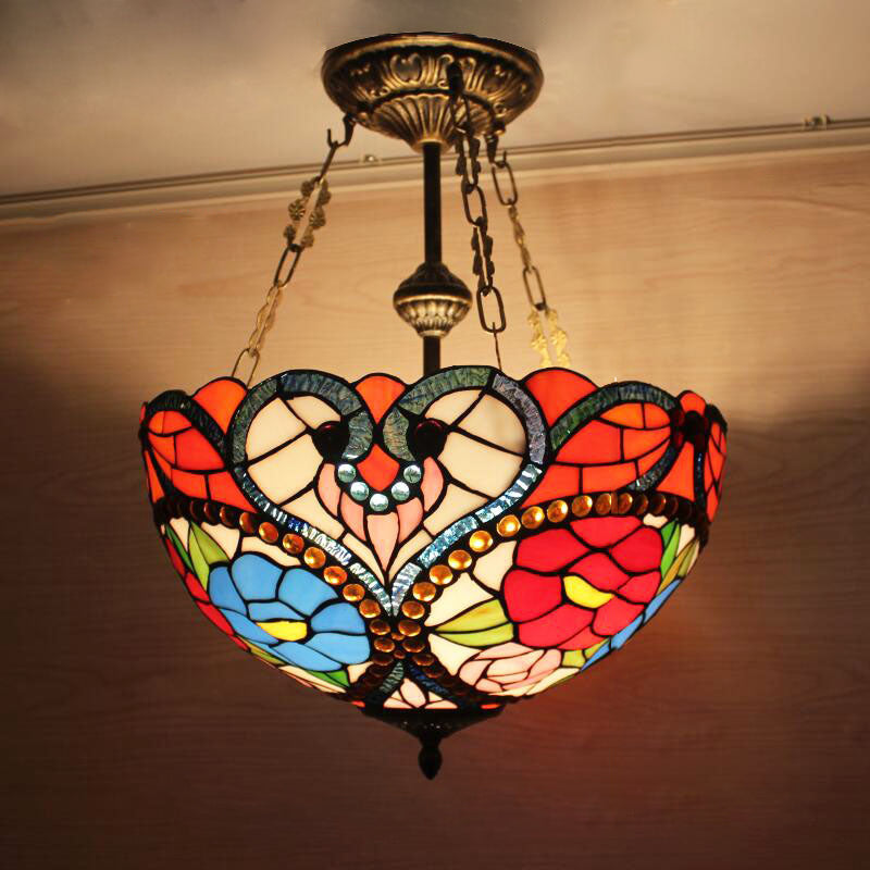 Multi-Color Hanging Ceiling Light Victorian Stained Glass Bowl Shaped Chandelier Lighting Fixture