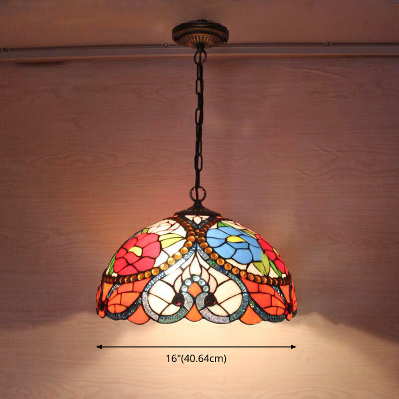 Multi-Color Hanging Ceiling Light Victorian Stained Glass Bowl Shaped Chandelier Lighting Fixture