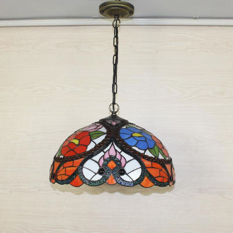 Multi-Color Hanging Ceiling Light Victorian Stained Glass Bowl Shaped Chandelier Lighting Fixture