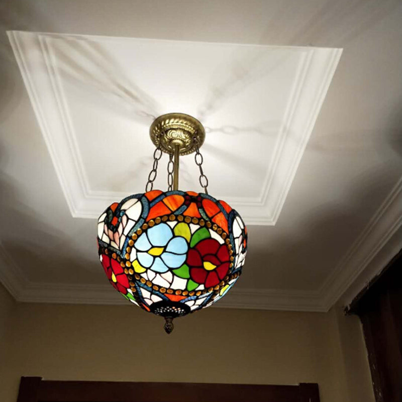 Multi-Color Hanging Ceiling Light Victorian Stained Glass Bowl Shaped Chandelier Lighting Fixture