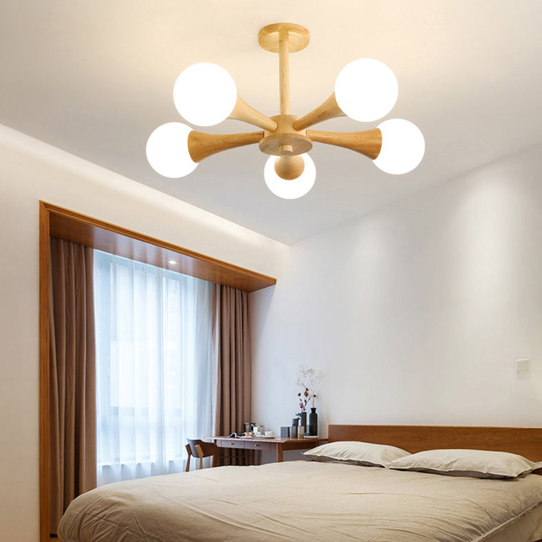 Sputnik Bedroom Ceiling Hung Fixture Wood Simple Style Chandelier Lighting Fixture in Beige