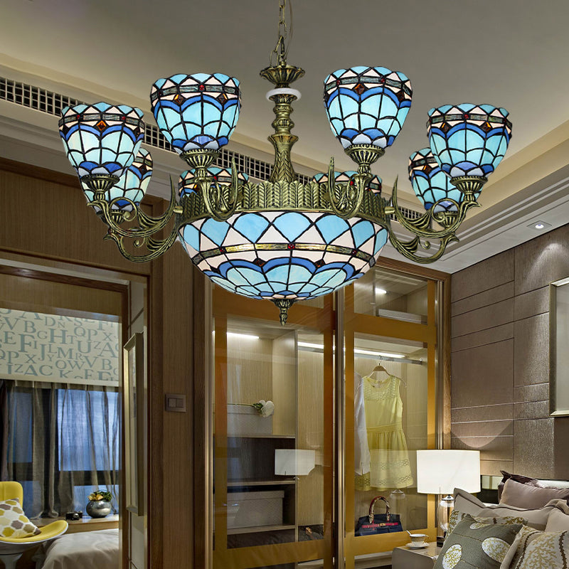 Curved Arm Hanging Chandelier 5/9/11 Lights Cut Glass Victorian Suspension Lighting in Blue for Bedroom