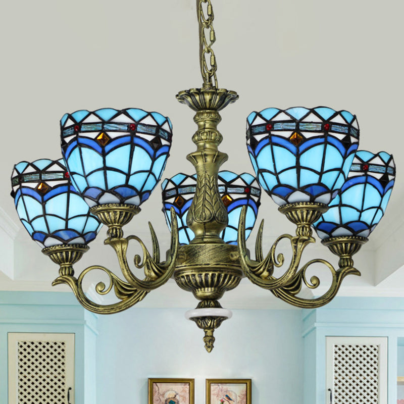 Curved Arm Hanging Chandelier 5/9/11 Lights Cut Glass Victorian Suspension Lighting in Blue for Bedroom