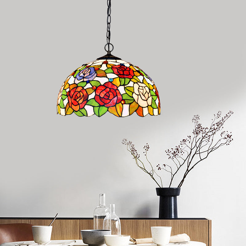 1/2 Lights Rose Hanging Chandelier Tiffany Style Red/Green Stained Glass Pendant Lamp, 12"/16" Wide