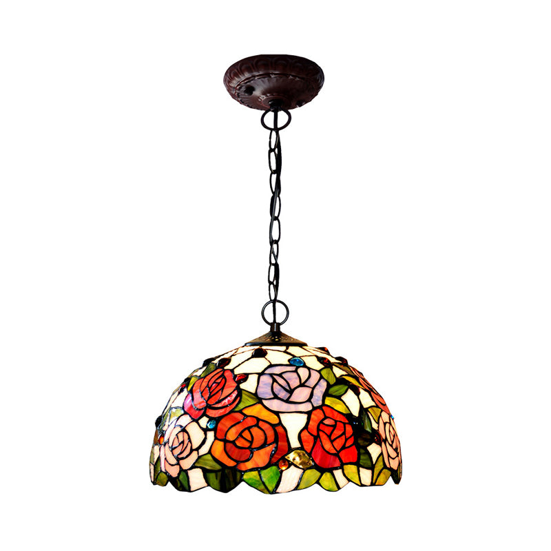 1/2 Lights Rose Hanging Chandelier Tiffany Style Red/Green Stained Glass Pendant Lamp, 12"/16" Wide