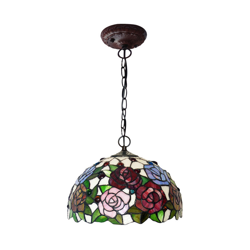 1/2 Lights Rose Hanging Chandelier Tiffany Style Red/Green Stained Glass Pendant Lamp, 12"/16" Wide