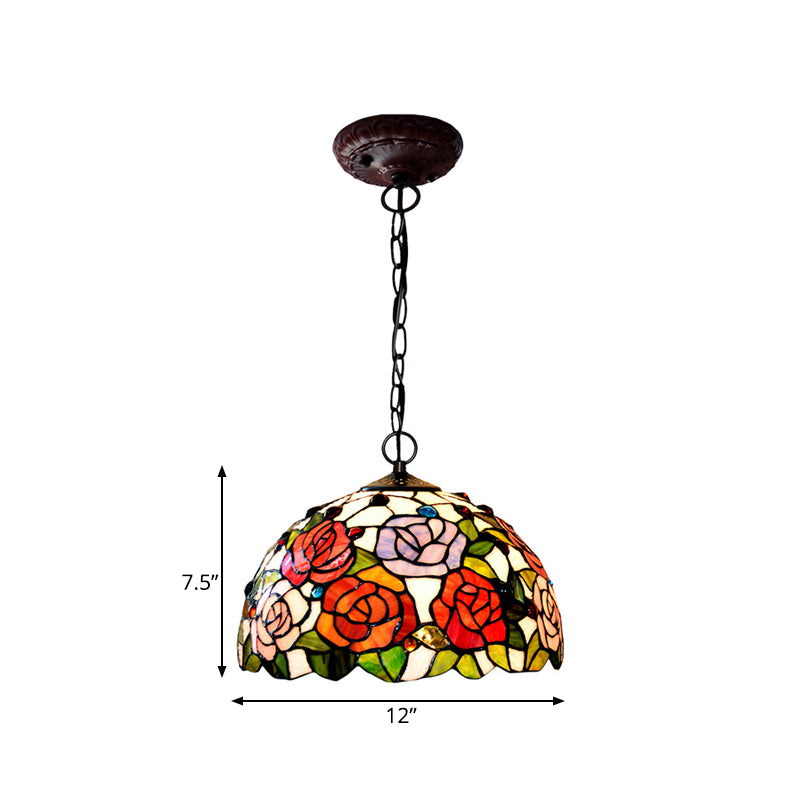 1/2 Lights Rose Hanging Chandelier Tiffany Style Red/Green Stained Glass Pendant Lamp, 12"/16" Wide