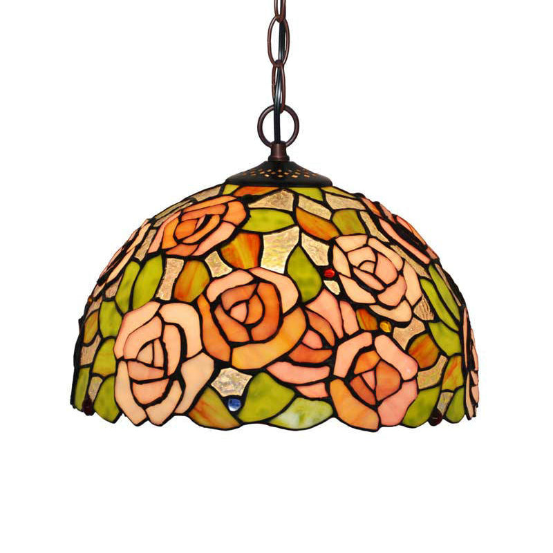 1/2 Lights Rose Hanging Chandelier Tiffany Style Red/Green Stained Glass Pendant Lamp, 12"/16" Wide