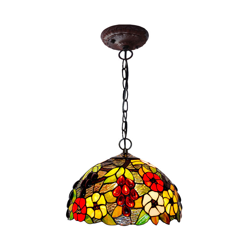 Domed Ceiling Chandelier 2 Lights Red/Green/Purple Stained Glass Tiffany Pendant Lighting Fixture