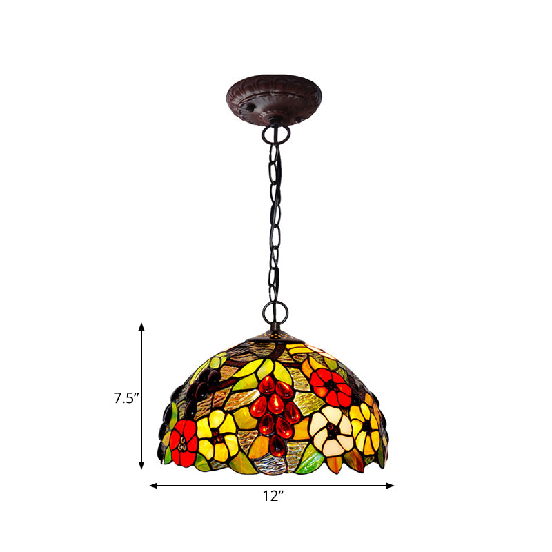 Domed Ceiling Chandelier 2 Lights Red/Green/Purple Stained Glass Tiffany Pendant Lighting Fixture