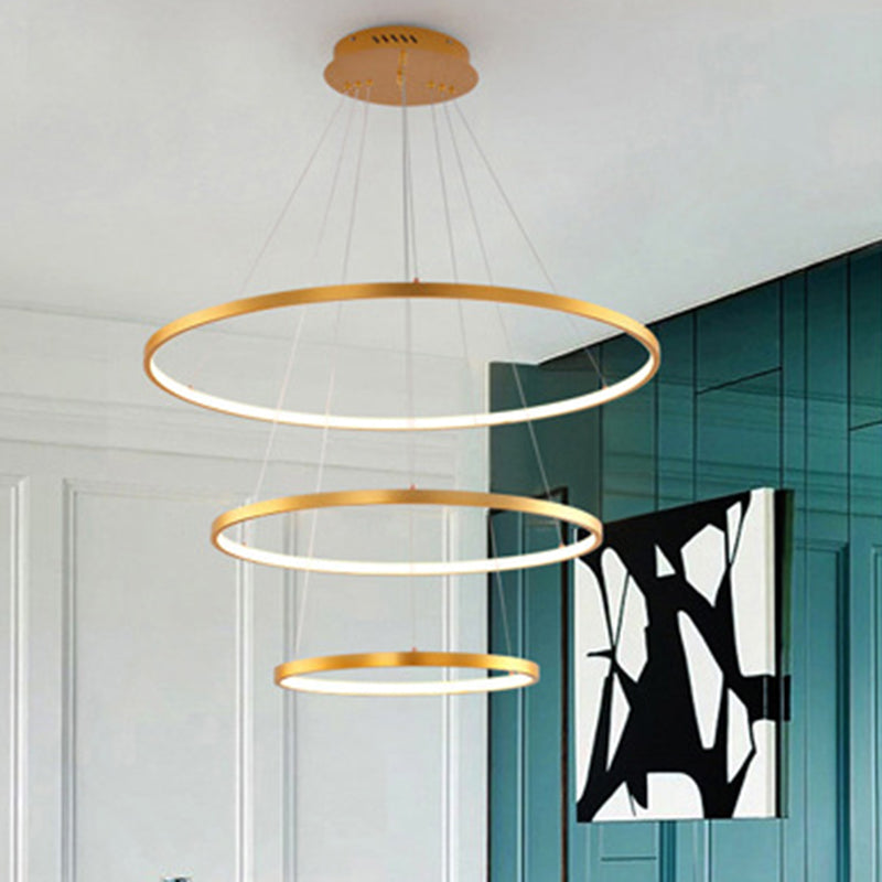 Gold Three Rings Hanging Chandelier Simplicity LED Metal Suspension Pendant Light