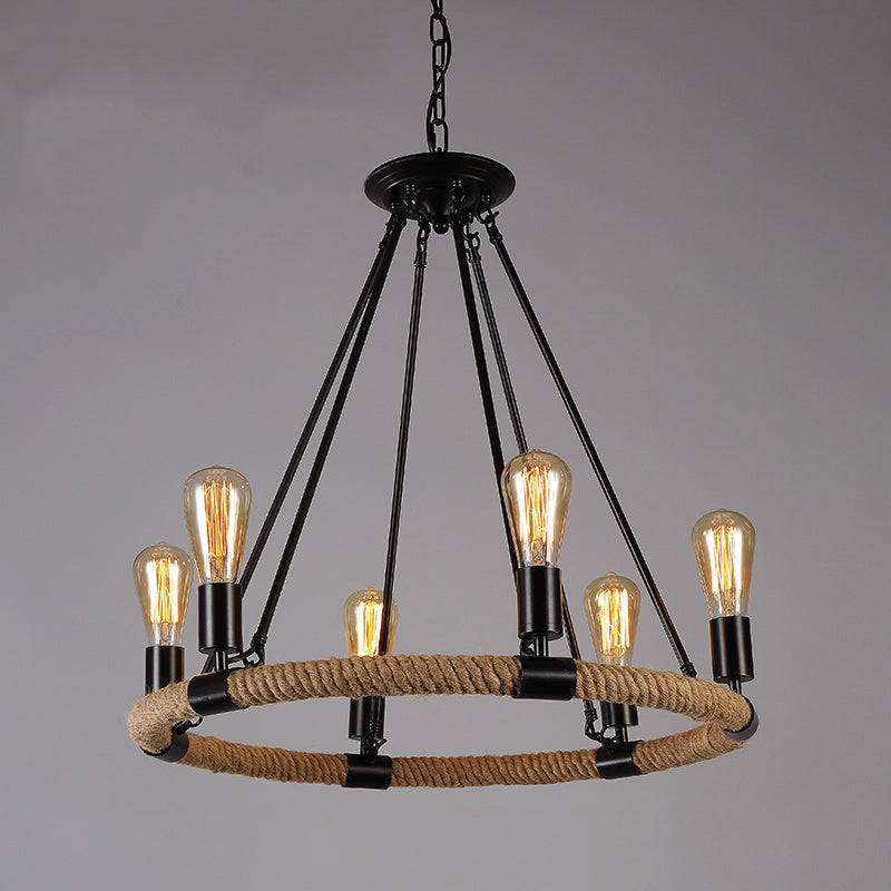 Black Wrought Iron Ceiling Hung Fixtures Vintage Rope Pendant Lighting for Bar