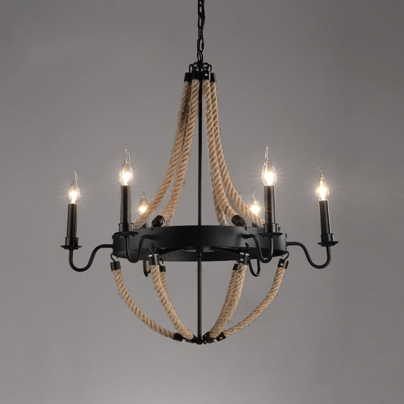 Black Wrought Iron Ceiling Hung Fixtures Vintage Rope Pendant Lighting for Bar