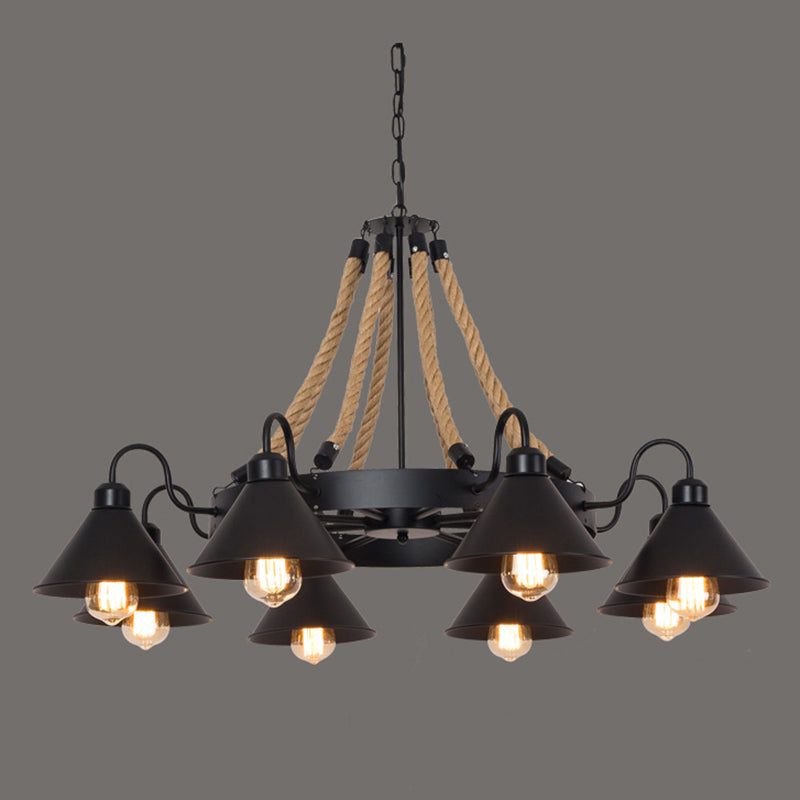 Black Wrought Iron Ceiling Hung Fixtures Vintage Rope Pendant Lighting for Bar