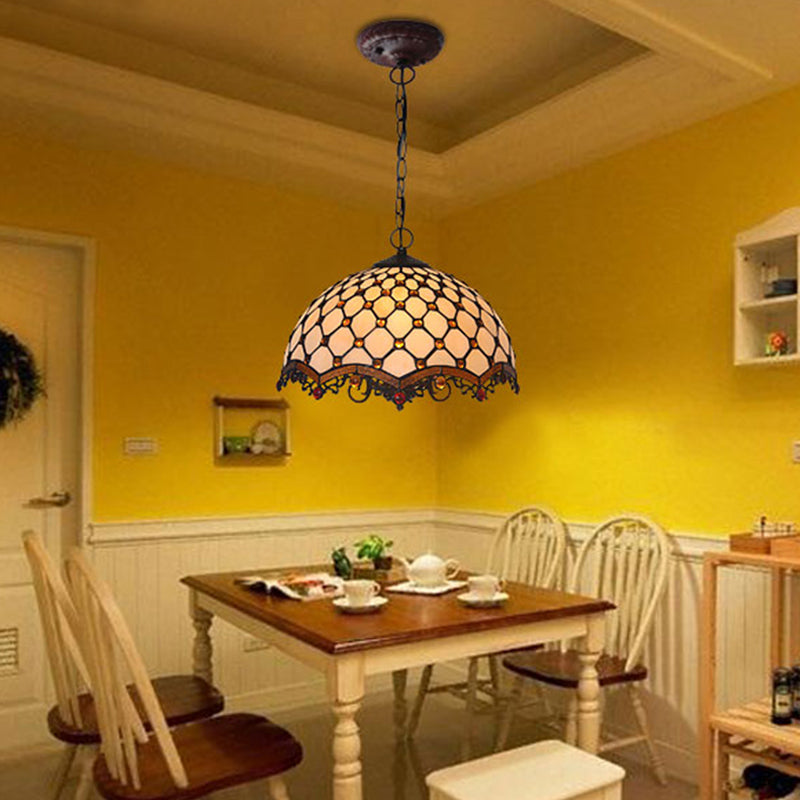 Lampe de plafond en vitrail beige festonné 1 lumière suspension méditerranéenne suspension