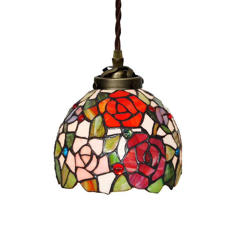 Luz de colgante con cúpula de Tiffany 1 Lámpara de techo de vidrio manchado rojo/rosa/color amarillo para el comedor