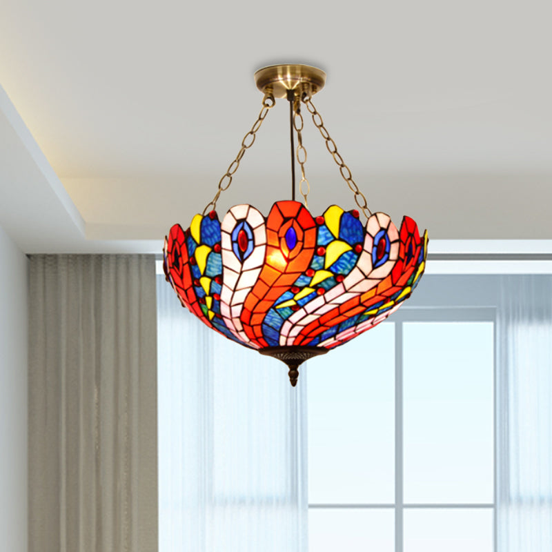 Dome White/Red/Blue Stained Glass Semi Flush Mount Mediterranean 3 Lights Brass Ceiling Lamp for Living Room