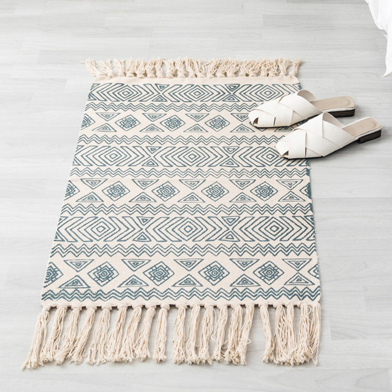 Beige Bohemian Rug Cotton Ethnic Pattern Carpet Fringe Indoor Rug for Home Decoration