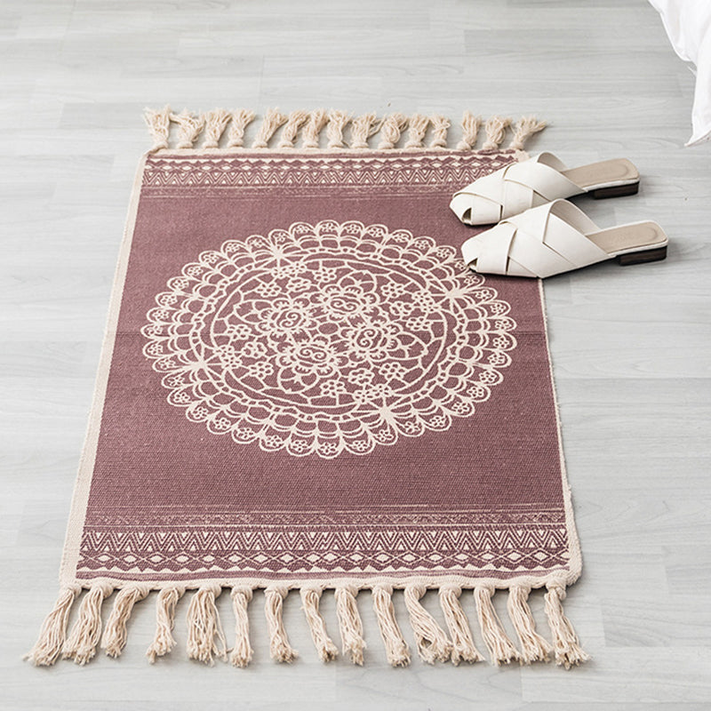 Beige Bohemian Rug Cotton Ethnic Pattern Carpet Fringe Indoor Rug for Home Decoration