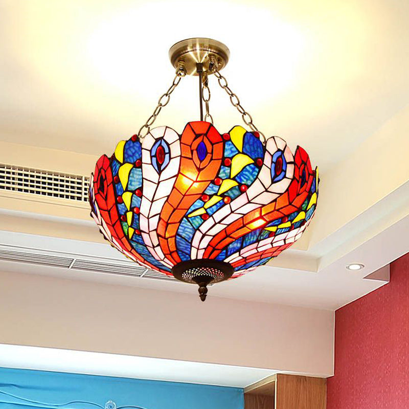 Kuppel weiß/rot/blau gebeiztes Glas Halbflush Mount Mediterrane 3 Lichter Messing Deckenlampe für Wohnzimmer