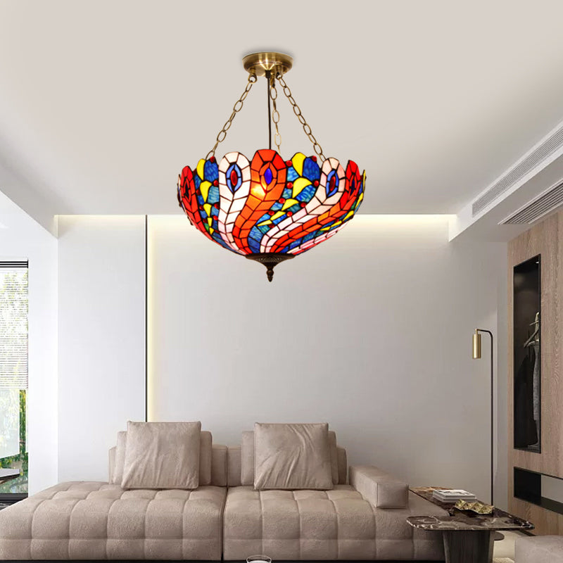 Dome White/Red/Blue Stained Glass Semi Flush Mount Mediterranean 3 Lights Brass Ceiling Lamp for Living Room