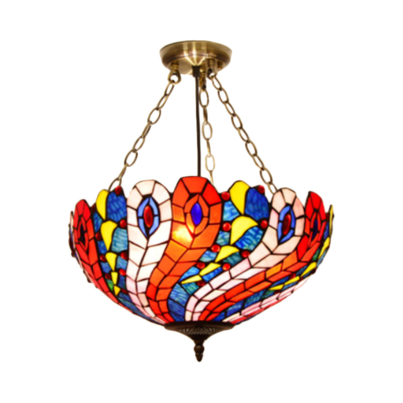 Dome White/Red/Blue Stained Glass Semi Flush Mount Mediterranean 3 Lights Brass Ceiling Lamp for Living Room