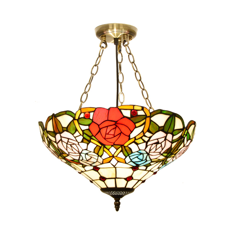 Dome White/Red/Blue Stained Glass Semi Flush Mount Mediterranean 3 Lights Brass Ceiling Lamp for Living Room