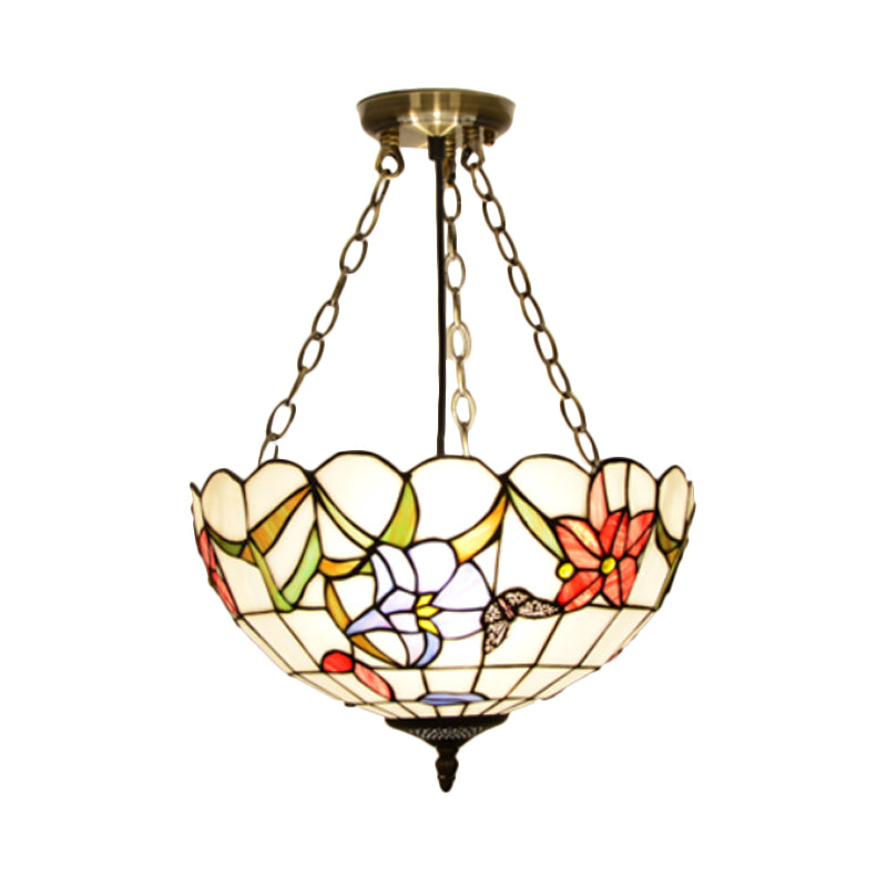 Dome White/Red/Blue Stained Glass Semi Flush Mount Mediterranean 3 Lights Brass Ceiling Lamp for Living Room